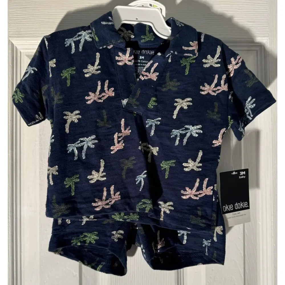 Okie‎ Dokie Neck & Shorts 3M 8-12.5 Lbs Navy/ Colorful Palm Trees 2 Pc Set